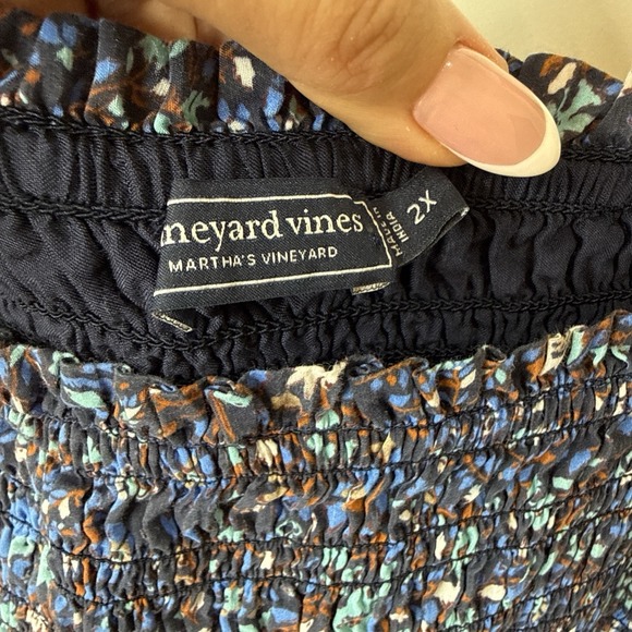 Vineyard Vines Smocked Ruffle Puff Sleeve Tiered Dress 2X Blue Floral Midi Boho - Picture 4 of 6